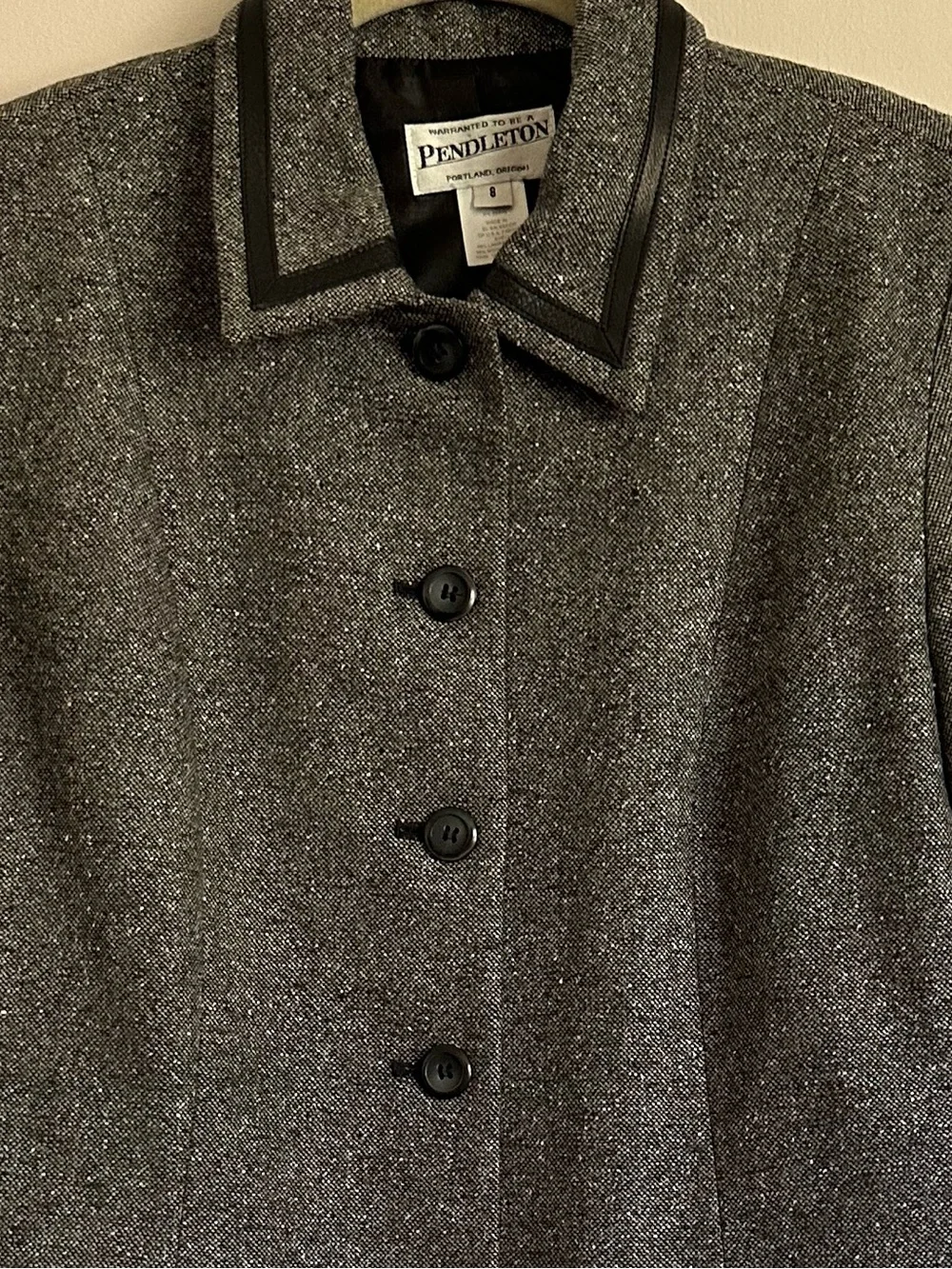 Pendleton Wool Silk Leather Trim Blazer Jacket Size 8 Black White Tweed - Picture 7 of 15